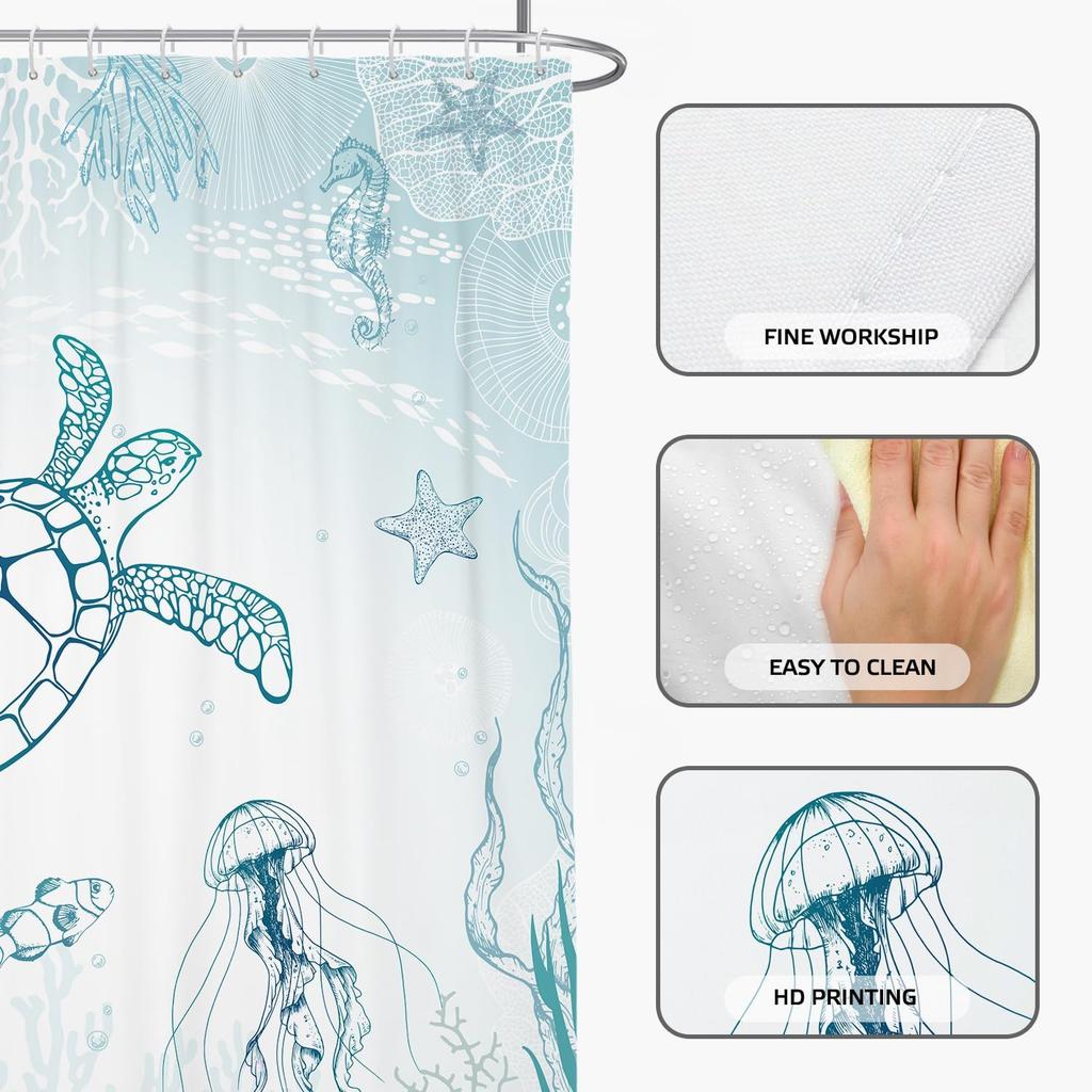 Blue Sea Turtle and Jellyfish Pattern Waterproof Shower Curtain 180x200cm - Ocean Life Print Bath Curtain for Kids Room Decor