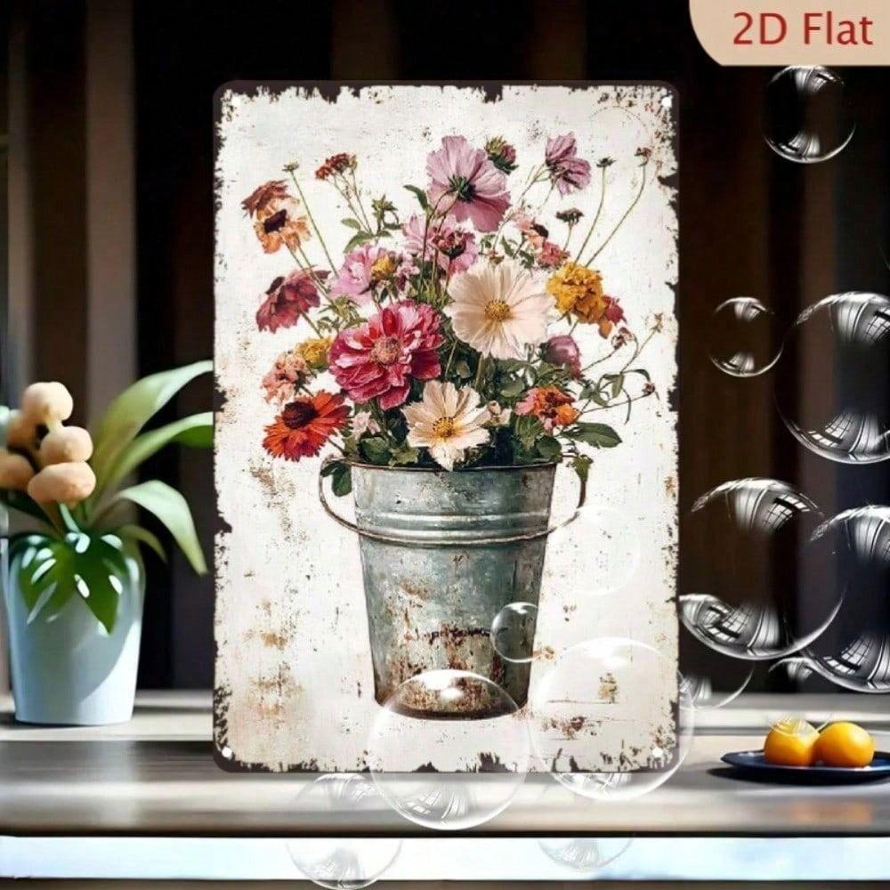 Vintage Wildflower Bouquet Metal Wall Art, Rustic Farmhouse Decor for Living Room