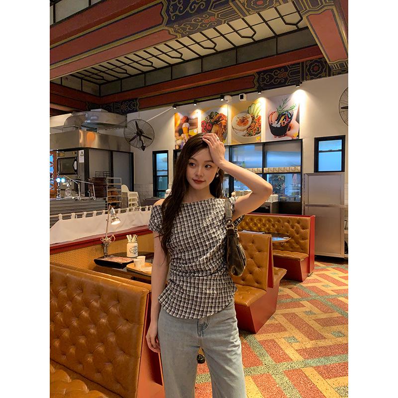 2025 Summer French Design Plaid Off-Shoulder Slim Fit Top for Women
