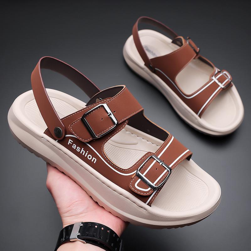 Fashion Summer New Buckle Designer Leather Sandals for Men  Solid Color Fashion Casual  Beach Shoes Male Anti-slip  Slipper Shoes Man