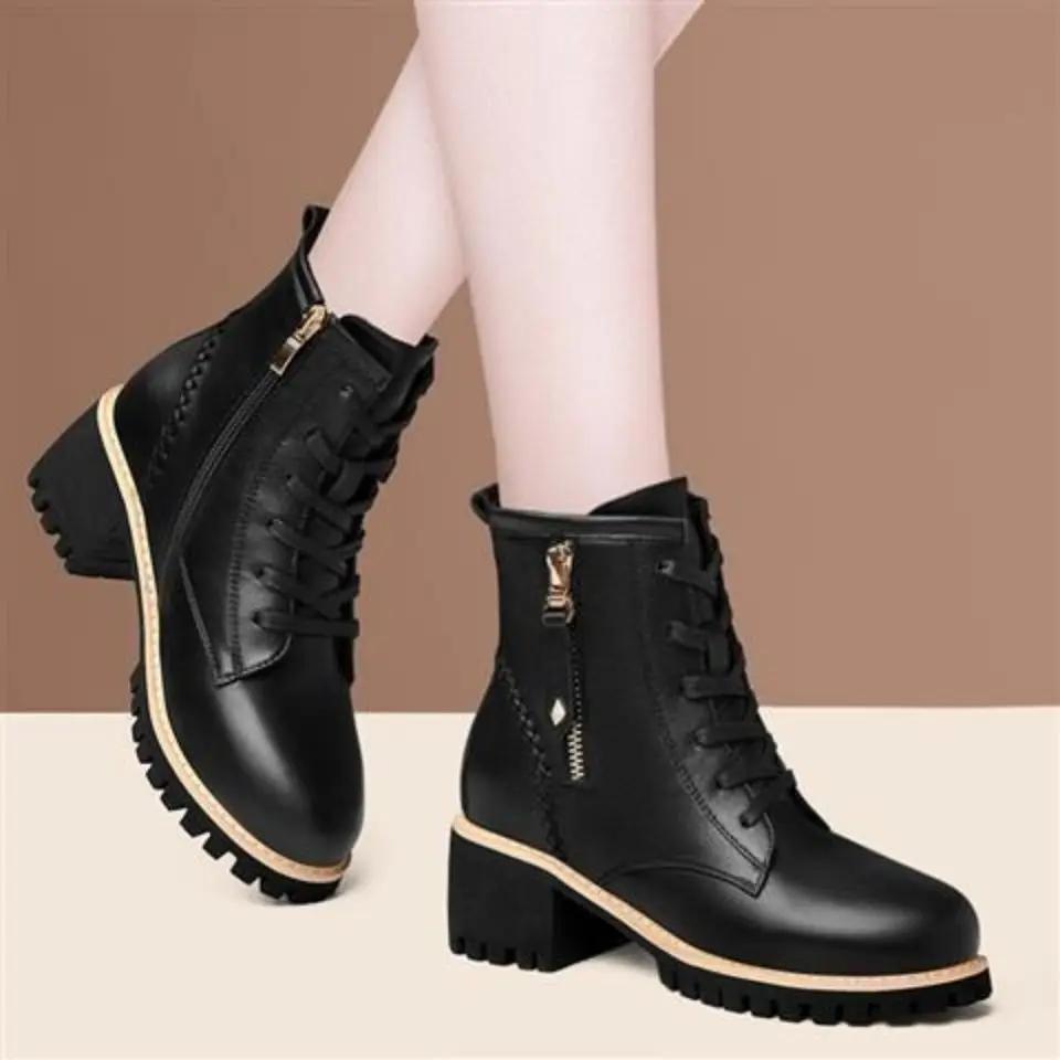 Boots Ankle New Autumn British Wind Genuine Leather Thick With Fur Ladies Short Boots Motorcycle Heels Boots Women Footwear