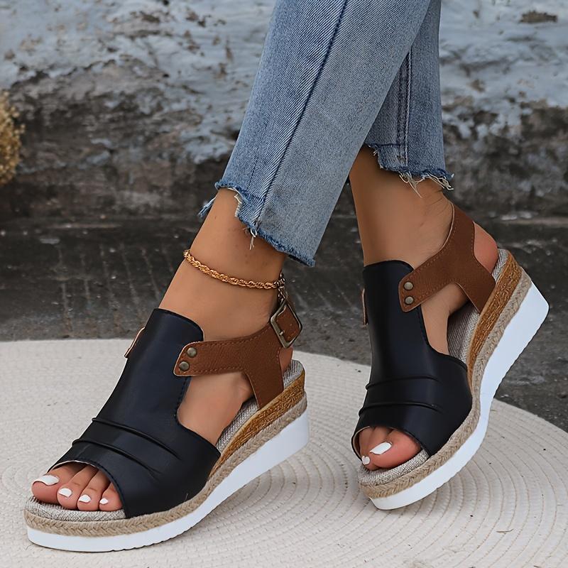 [Comfy Platform Ankle Buckle Shoes] Women's Colorblock Casual Sandals, Ankle Buckle Strap Comfy Platform Shoes, Versatile Summer Wedge Shoes