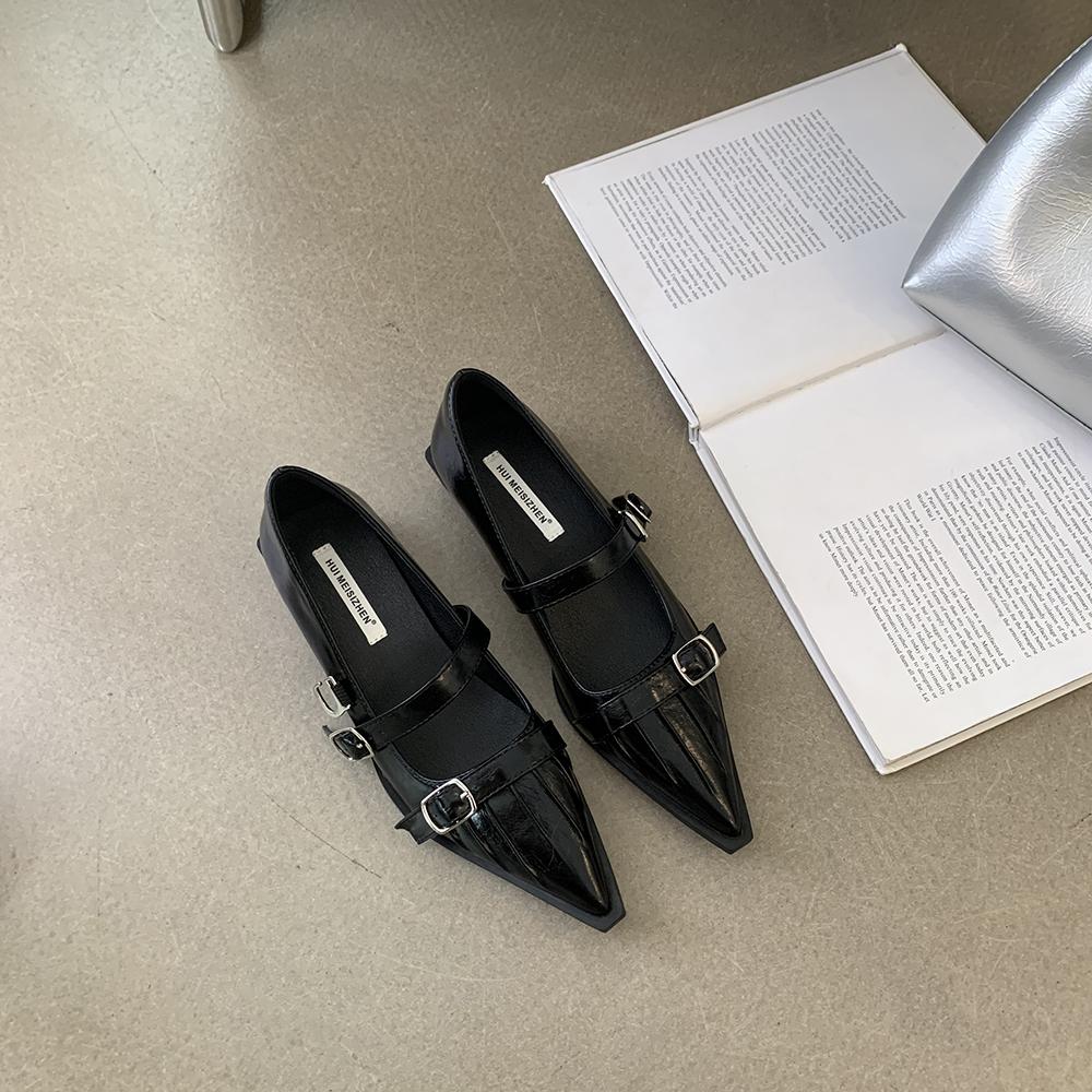 

Модные женские туфли с острым носком, новинка 2024 года, черные, коричневые, белые, модные туфли с пряжкой на ремне, черные, белые, коричневые, на низком каблуке 5.5 чёрный