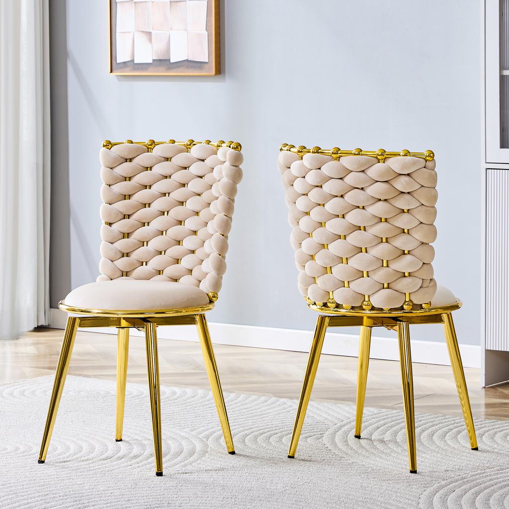 Set of 2 Decorative Dining Chairs Made of Velvet Fabric, with Gold-Colored Metal Legs, Upholstered Seats and Backrests Made of Braided Rope