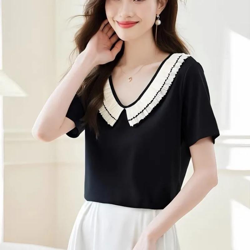Women's Black Blouse Casual V-Neck Short-Sleeve Contrast Ruffle Trim Top