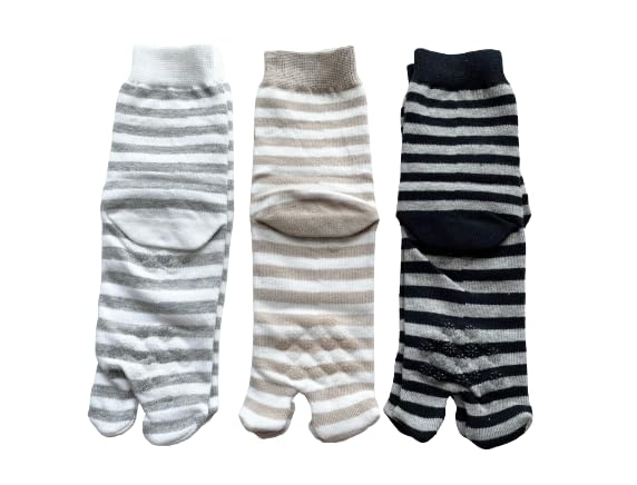 Tabi Socks with 3 Elastic Loose Cotton Outer Striped Set Women's Non-Slip Finish, Pairs, Cuffs, Fit, 100% Thread, Pattern, 3-Pair (Colors Available)