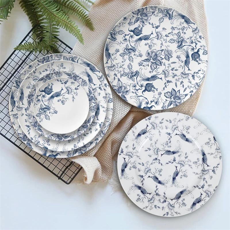 12/10/8/6.5in Round Bone china Tableware European Blue Floral Pasta Plate Ceramic Salad Plate Dinning Plates