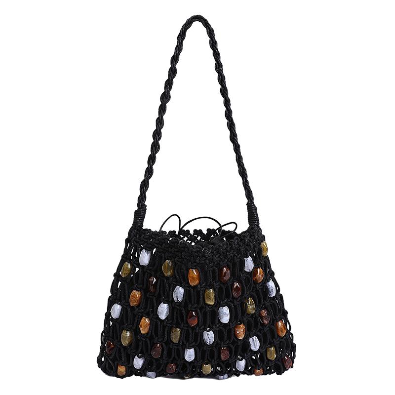 

2026 New Summer Boho Handmade Macrame Woven Bag for Women Hollow Out Colorful Beaded Shoulder Bag for Beach Vacation Daily Use чёрный