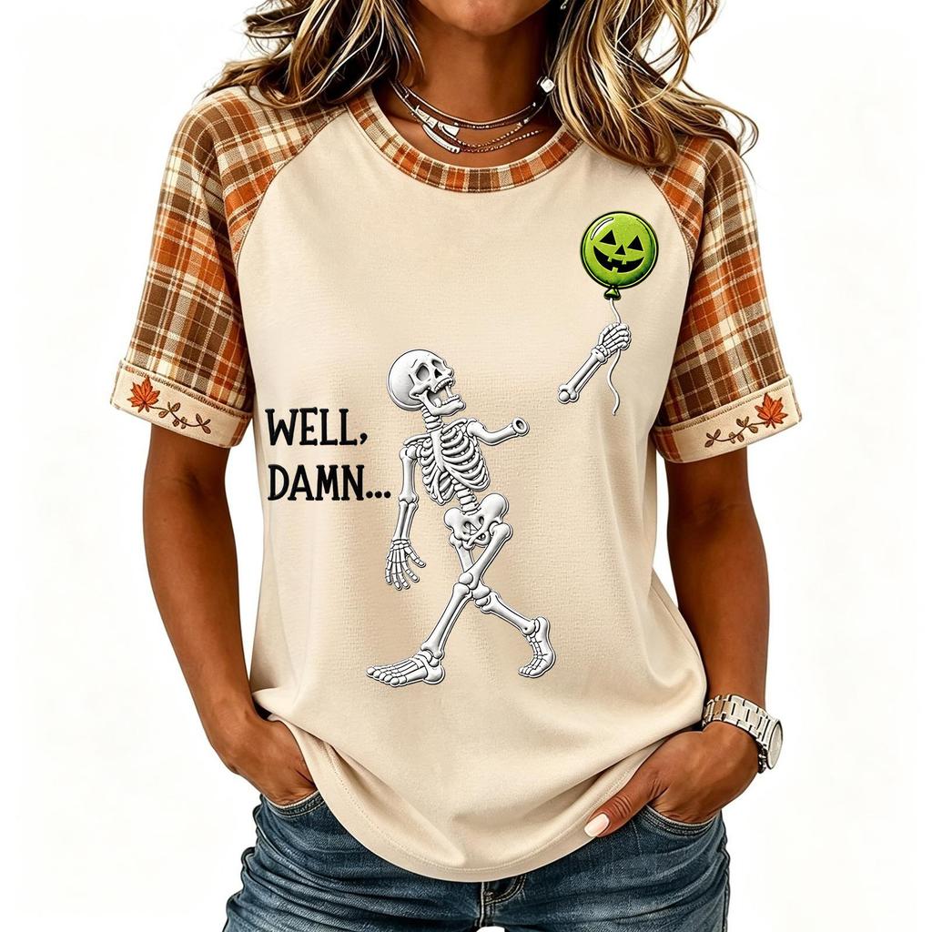 Women's Halloween Raglan Sleeve T-Shirt Neck Short Sleeve Printed Top