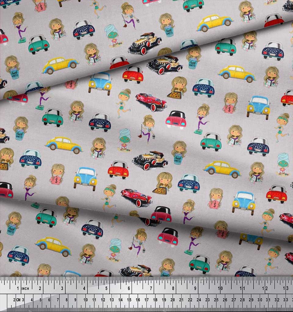 Soimoi Japan Crepe Satin Fabric Cartoon Girl & Car Transport Print Fabric by the Metre 42 Inch