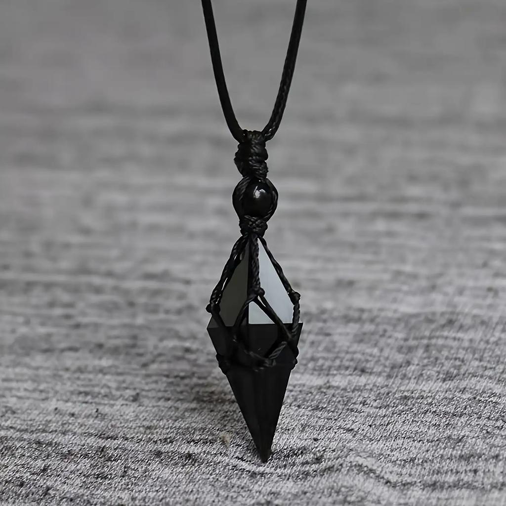 Natural Obsidian Necklace Handmade Bohemian Jewelry with Glossy Rhombus Faux Crystal Pendant Elegant and Minimalist Design for Women and Men