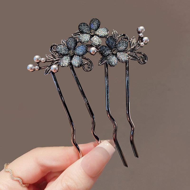 Chinese Ancient Exquisite Pearl Rhinestone Flower U-shaped Hair Comb Women Elegant Temperament Daily Metal Hairpin