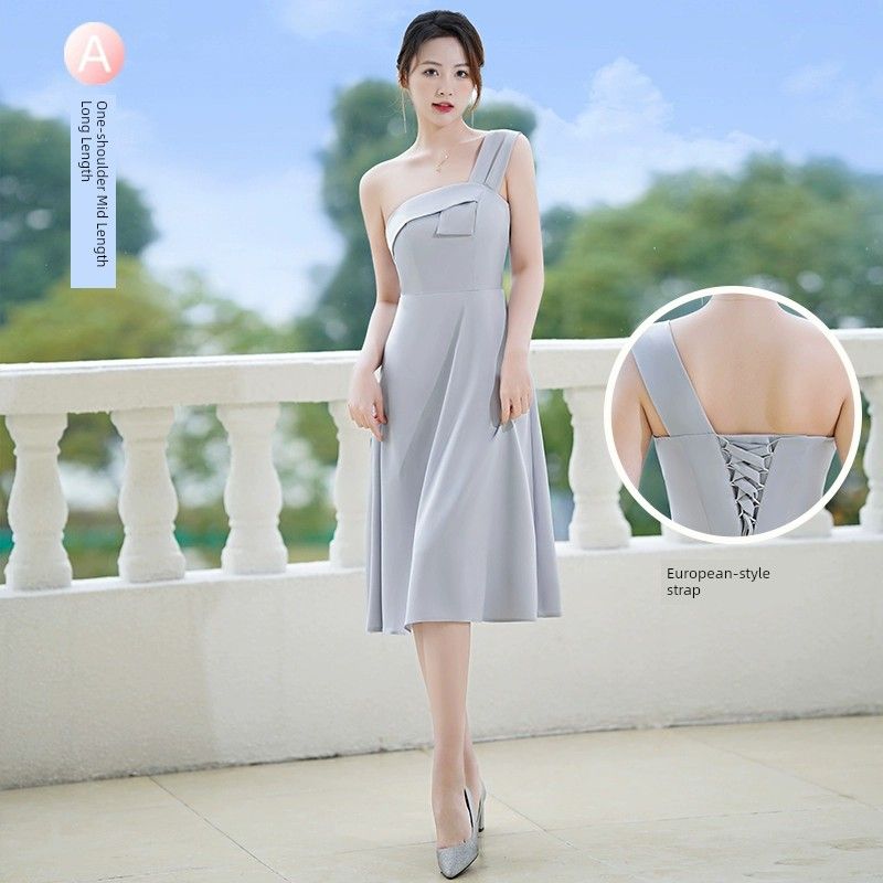 

Sisters Group Dress Classy Plus Size Spring and Summer Bridesmaid Dress Gray [A shoulder] Mid Length Long Length L