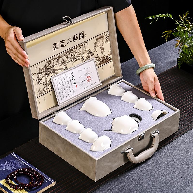 Dehua High-end Suet Jade White Porcelain Tea Set, Household Gold-painted Kung Fu Tea Cup Teapot Office Meeting Guest Gift