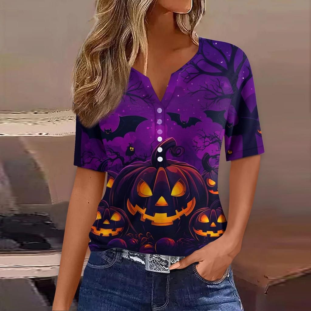 Women's T Shirt Tee Halloween Printed Button Short Sleeve Tunic Daily Weekend Fashion Basic V- Neck Regular Top