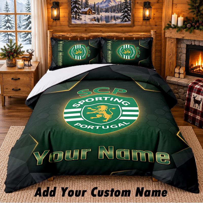 Set de așternut 3 piese cu model Sporting CP Nume personalizat, Cearșaf și Fețe de pernă Pentru Dormitorul de Acasă