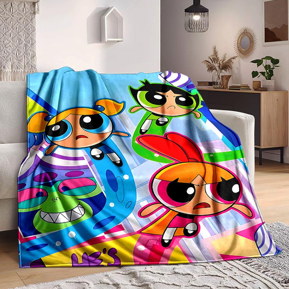 1pc Powerpuff Girls Flannel Throw Blanket - HD Printed Lightweight Soft Warm All-Season Blanket for Sofa, Bed, Travel, Camping - Machine Washable010