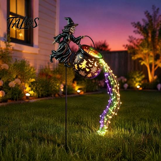 Glowing Yard Art for Halloween Witch Cauldron Light, Flying Silhouette Garden Stake with Colorful Metal Decor LED, Spooky Outdoor Decorative