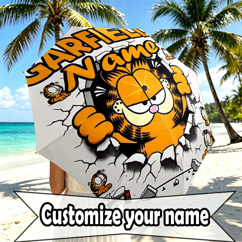 Personalisierter Garfield-Druckschirm mit individuellem Namen, Automatisches Öffnen und Schließen, Stabiler 8-Rippen-Rahmen, Für Pendeln, Camping, Wandern, Geburtstagsgeschenk