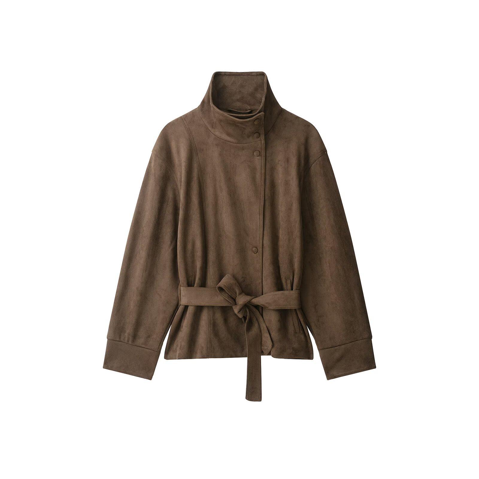 Women Stand Collar Faux Suede Cropped