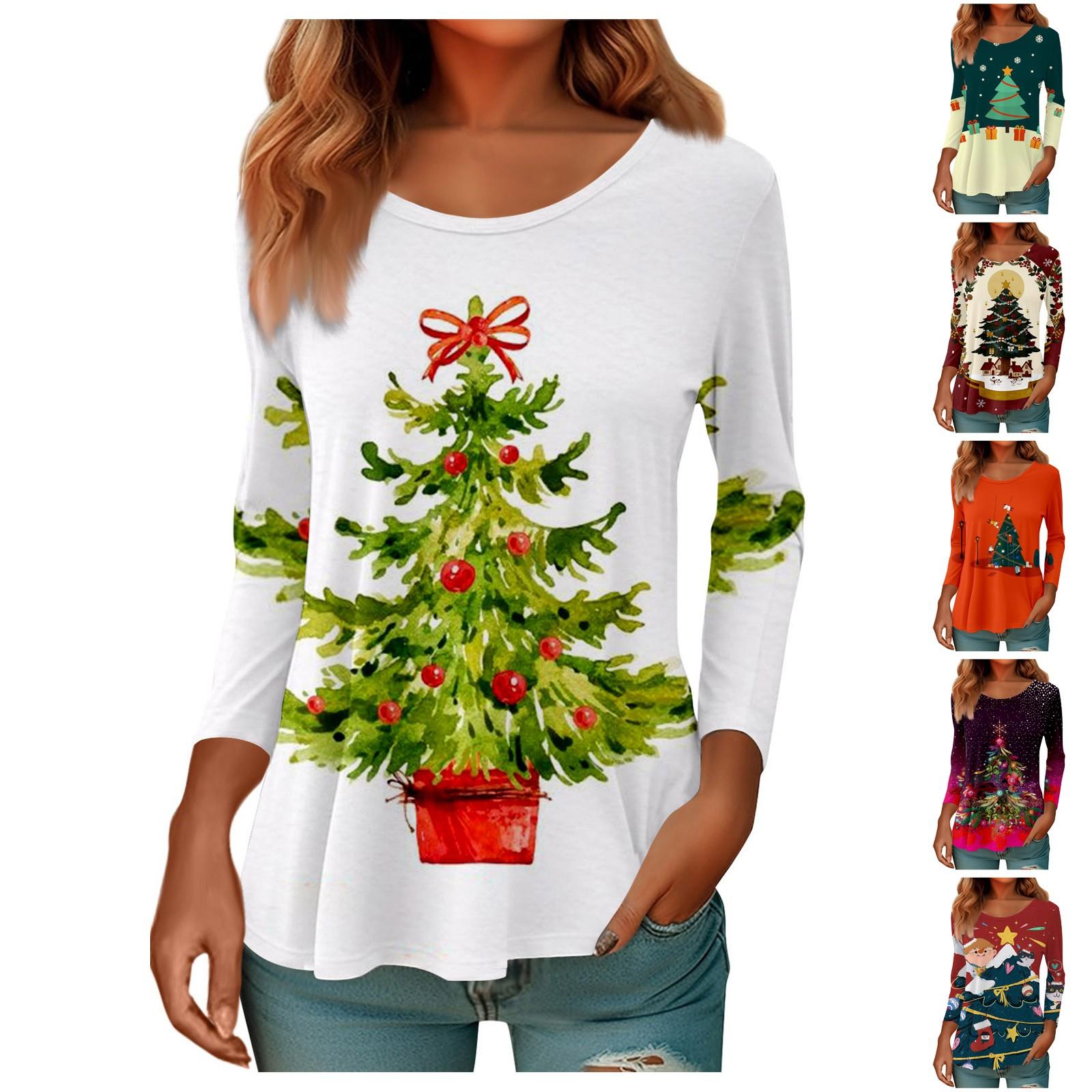 

Женская мода, повседневная блузка с длинным рукавом и рождественским принтом, пуловер с круглым вырезом