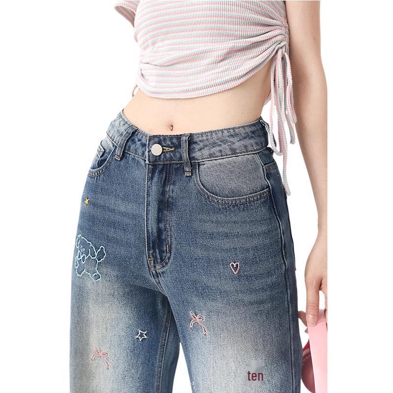 Plus Size High Waist Cartoon Embroidery Wide Leg Jeans for Women - Retro American Style, Spring/Fall