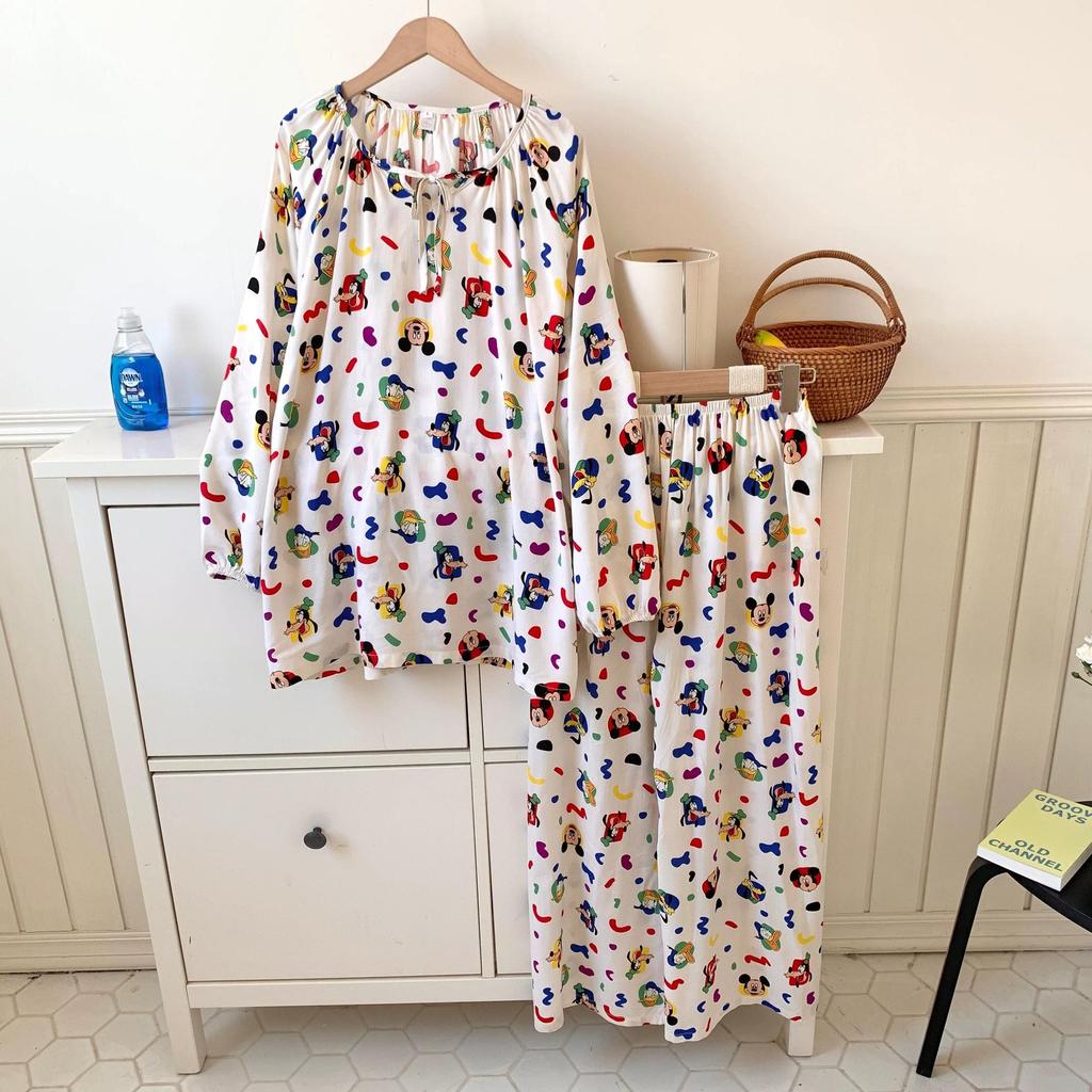 Women's Cloud Cotton Pajamas - Round Neck, Long Sleeve and Pants, Cozy Cartoon Design for Spring and Fall, Suitable for Home or Outdoors