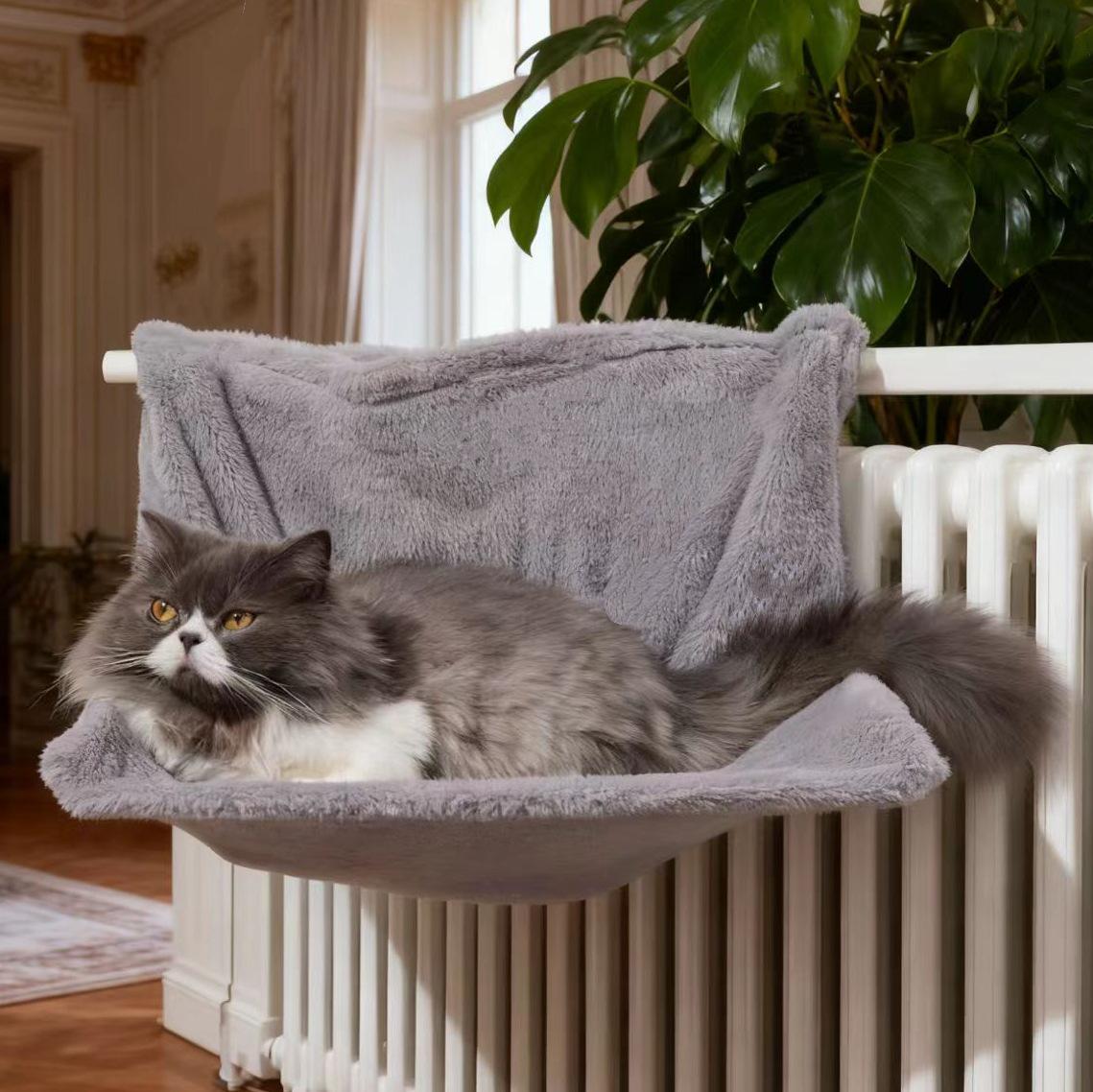 

Foldable Wall-Mounted Cat Hammock with Heater - L-Shaped Faux Fur Bed