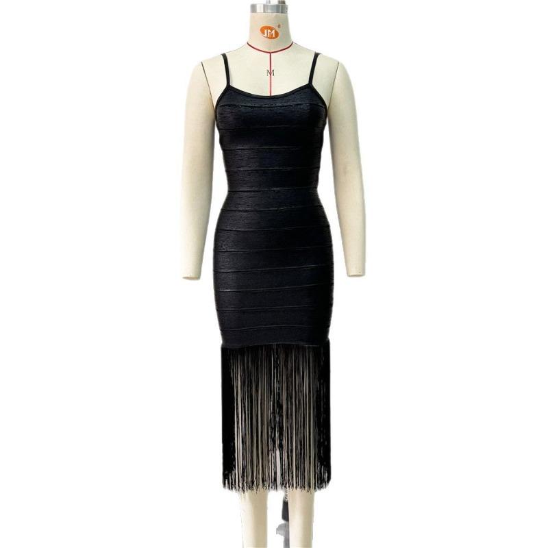 

Новое облегающее платье-бандаж, темпераментное, сексуальное, длинное платье, приталенное, с бахромой, на бретелях, юбка с клеевой утюжкой, женская одежда L чёрный