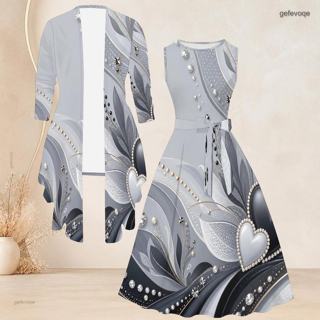 Women Plus Size Two Piece Set Printed Green Black Gold 3 4 Sleeve Cardigan Sleeveless Tie Waist Flared Dress