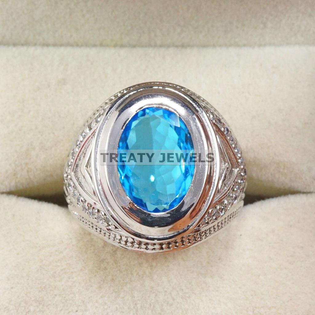 Blue Topaz Oval Cut Gemstone With 925 Sterling Silver Ring For Men's #A902 JL375669066753