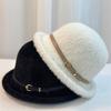Yousheng Basin Hat Solid Color Plush Fabric Bucket Hat with Belt Decor Retro Style Basin Hat Autumn Winter Outdoor Activities Daily Wear