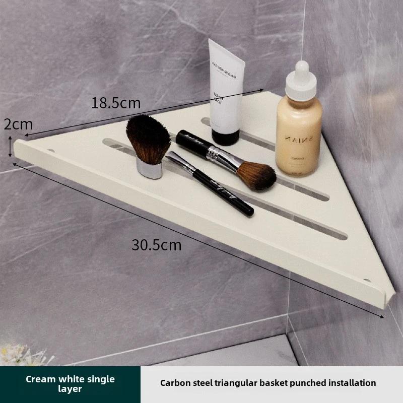 Summer Bathroom Triangle Drain Shelf, No Drilling Wall Mounted Cosmetic and Toiletries Hollow Carbon Steel Shelf with Hooks