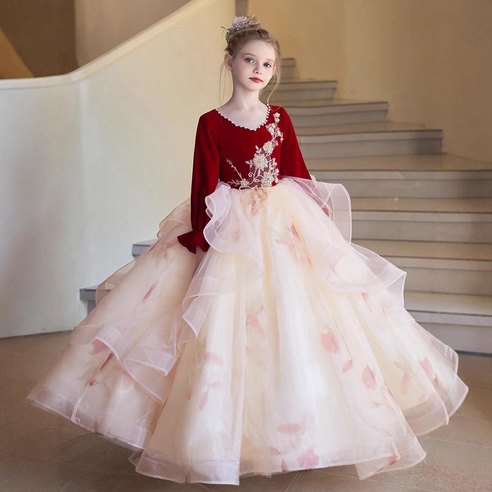 Vestido de Noche Burdeos de Tul Abullonado para Niñas – Lujoso Disfraz de Princesa para Actuación de Piano