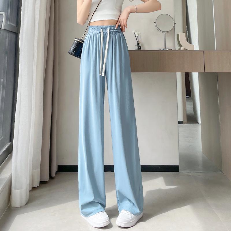 Women's Summer High Waist Ice Silk Wide-Leg Pants - 2025 New, Lightweight, Floor-Length, Loose, Slimming, Casual Straight Leg Design.
