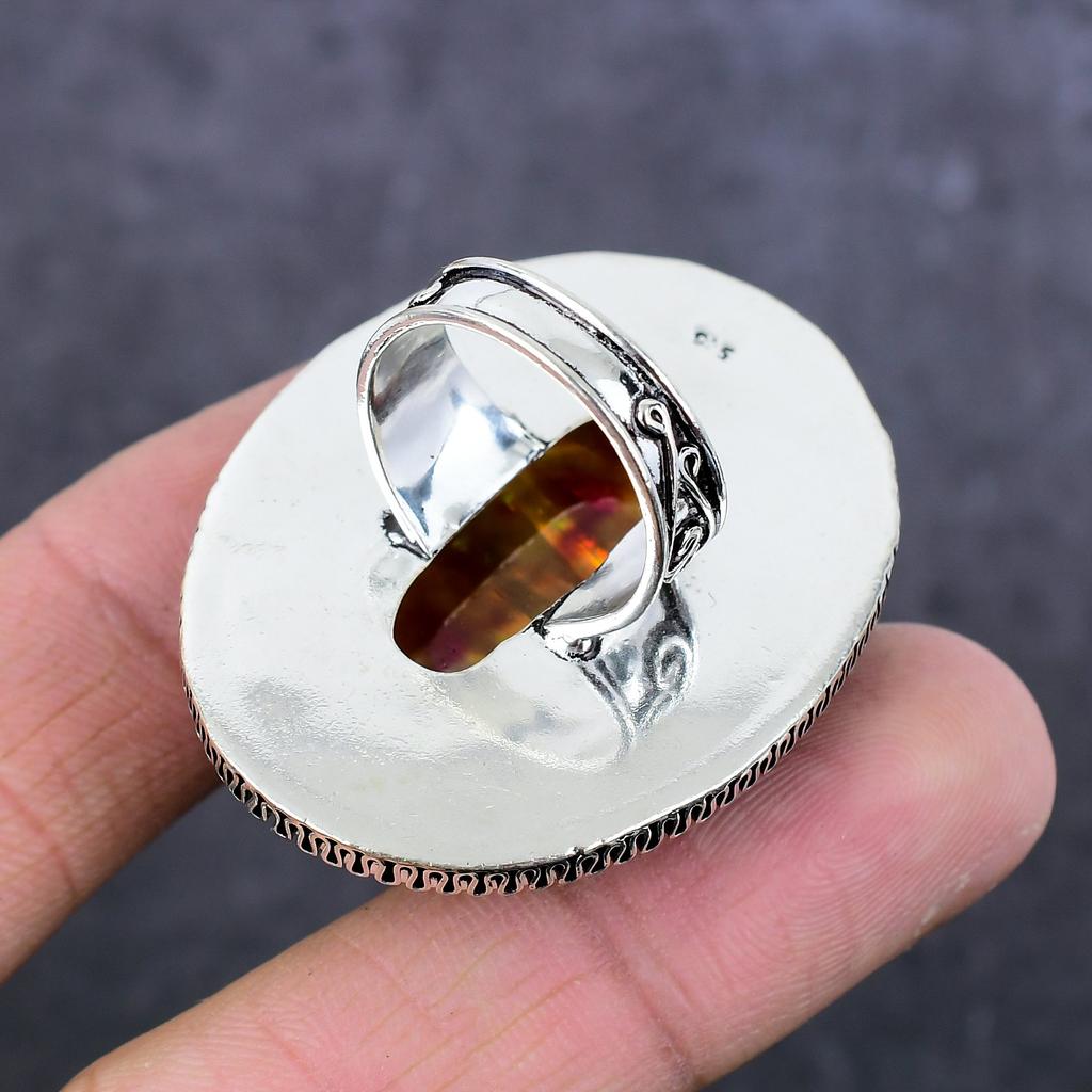 Ammolit Drahokam Ručně vyráběný Šperk Prsten ze Sterlingového Stříbra 925 Velikost 8 Z1e68