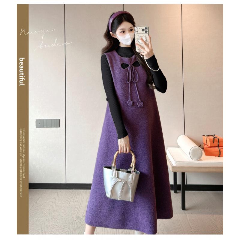 Spring 2026 Gentle Purple Plush Maternity Two-Piece Dress - Korean Style Slim Fit Large