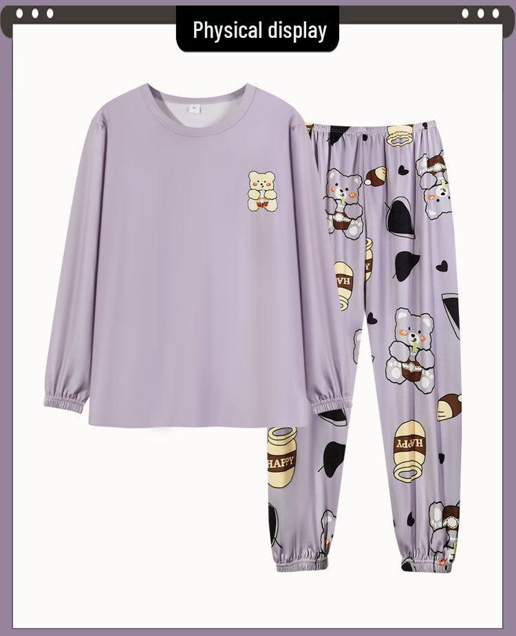 Ensemble Pyjama Automne/Hiver pour Femme: Coton à manches longues, Style coréen, Design mignon de dessin animé d'ours au thé au lait