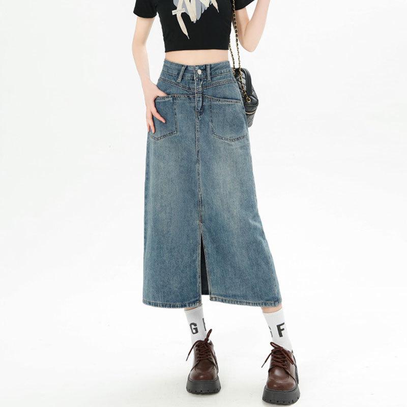 Women's High Waist A-Line Denim Midi Skirt with Slit and Pockets