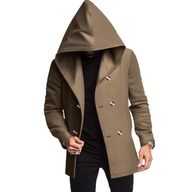 Classic Mid-Length Slim Fit Hooded Trench Coat Men Solid Color Casual Outerwear