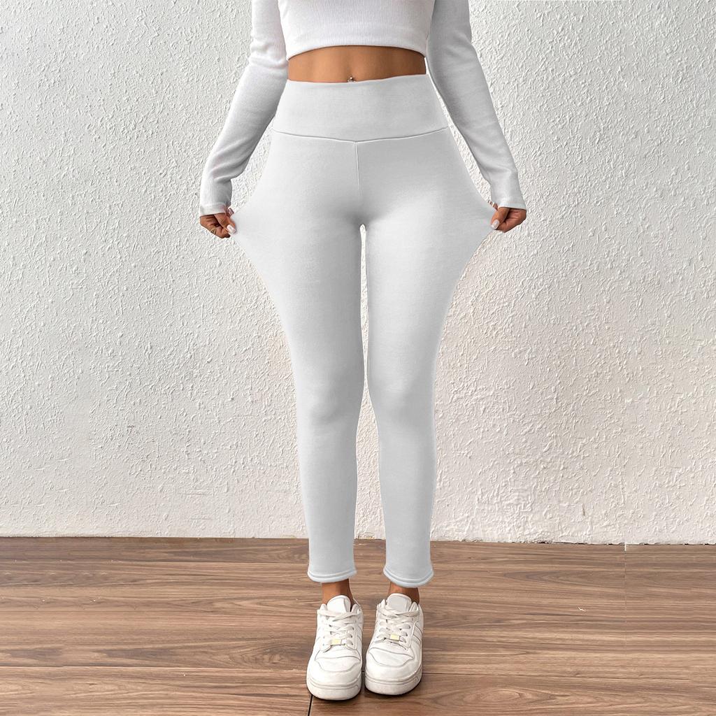 Women's Fleece-Lined Ribbed Thermal Leggings High-Waisted Slimming Design With Pockets Shapewear Leggings For Lifted Buttocks