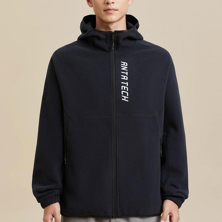 Anta Training Series Letter Zipper Hooded Fleece Jacket Men jackets Basic-Black 952347702-4