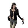 Women's Black V-Neck Lace Patchwork Knit Top - Long Sleeve, Hollow Out Inner Layer for Autumn/Winter.