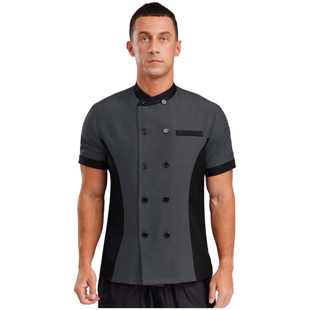 Unisex Kitchen Uniform Short Sleeve Color Block Chef Jacket Cook Coat Men Women Work Top