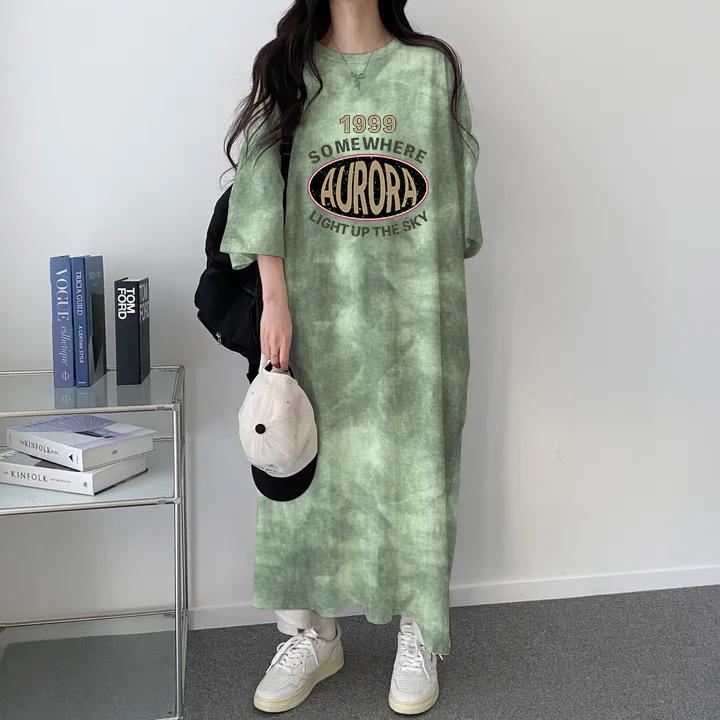 

2024 Summer Women s Tie-Dye Loose Letter Print T-Shirt Dress: Casual Korean Short Sleeve Slimming Style XL