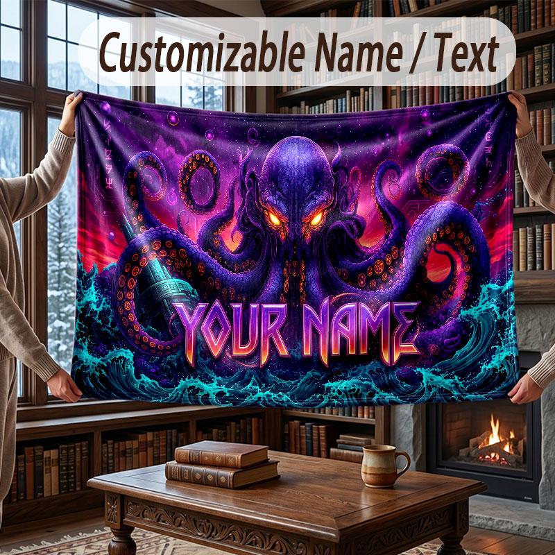 Octopus Sea Life Theme Throw Blanket Custom Name Text Personalized Blanket Soft Cozy Blanket for Home Sofa Bed
