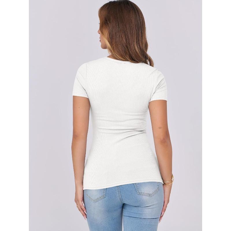 Women European Casual Slim Fit Ribbed Crew Neck Short Sleeve T Shirt