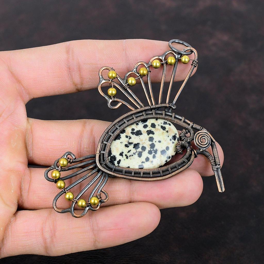 Dalmatian Jasper Pendant Copper Wire Wrapped Pendant Handmade Jewelry Natural Gemstone Pendant Stylish Copper Jewelry Bird Pendant For Gift