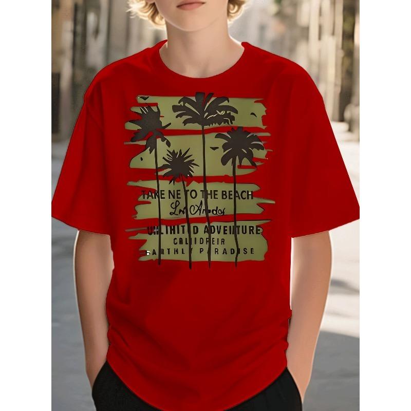 European sizes Boys T-Shirt Casual Trendy Palm Tree Tropical Beach Graphic Tee Kids Wear for Boys Ages 5-13 Summer Vacation Beachwear Casual Outfit