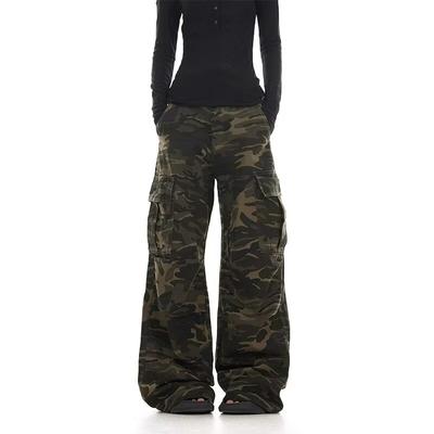 BeatStreet American Retro Washed Design Camouflage Work Pants for Men and Women, Loose Straight Leg Multi Pocket Wide Leg Casual Paratroope